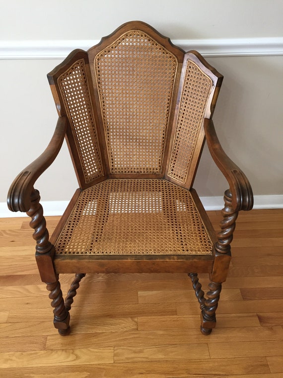 Antique Wingback Walnut Cane Arm Chair With Barley Twisted Etsy