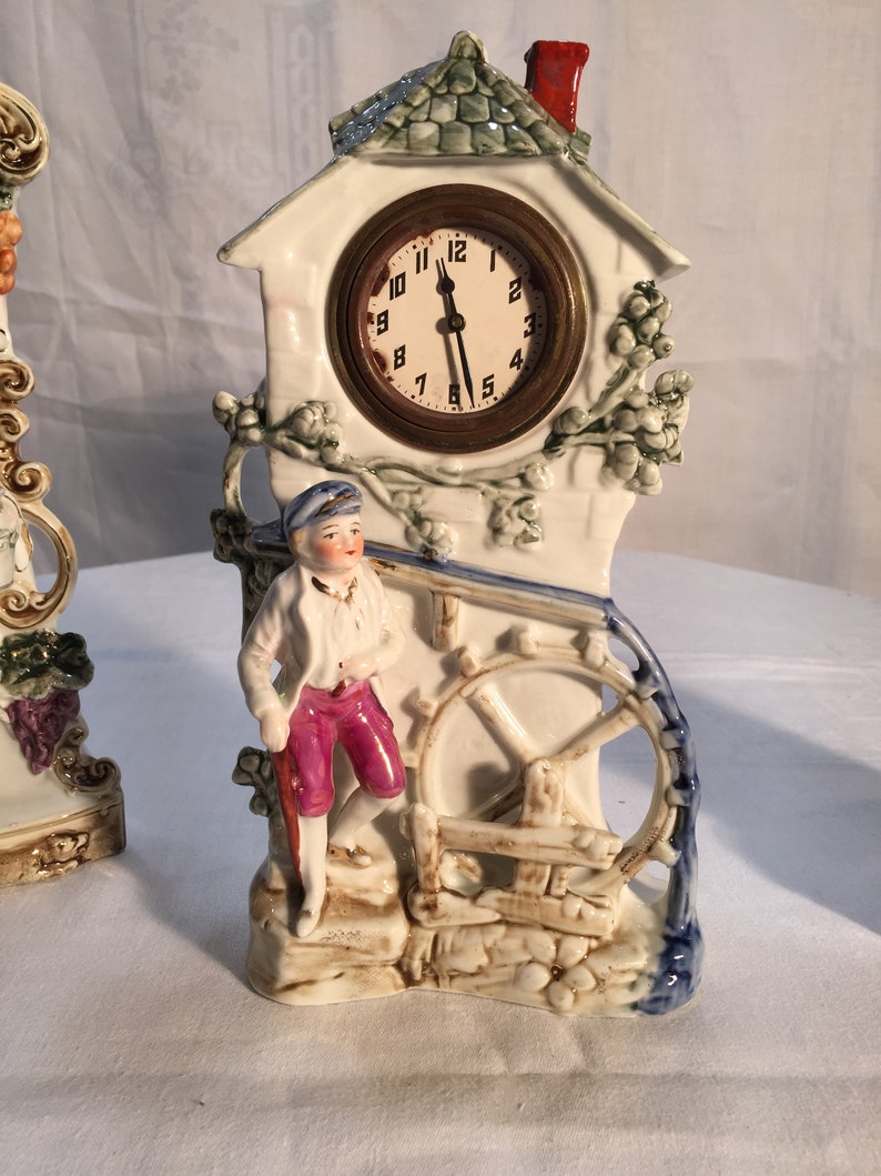 Vintage German Porcelain Mantle Clock With Two Matching Vases Etsy