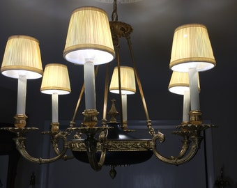 Vintage French Empire Brass and Black Chandelier with 6 Lights