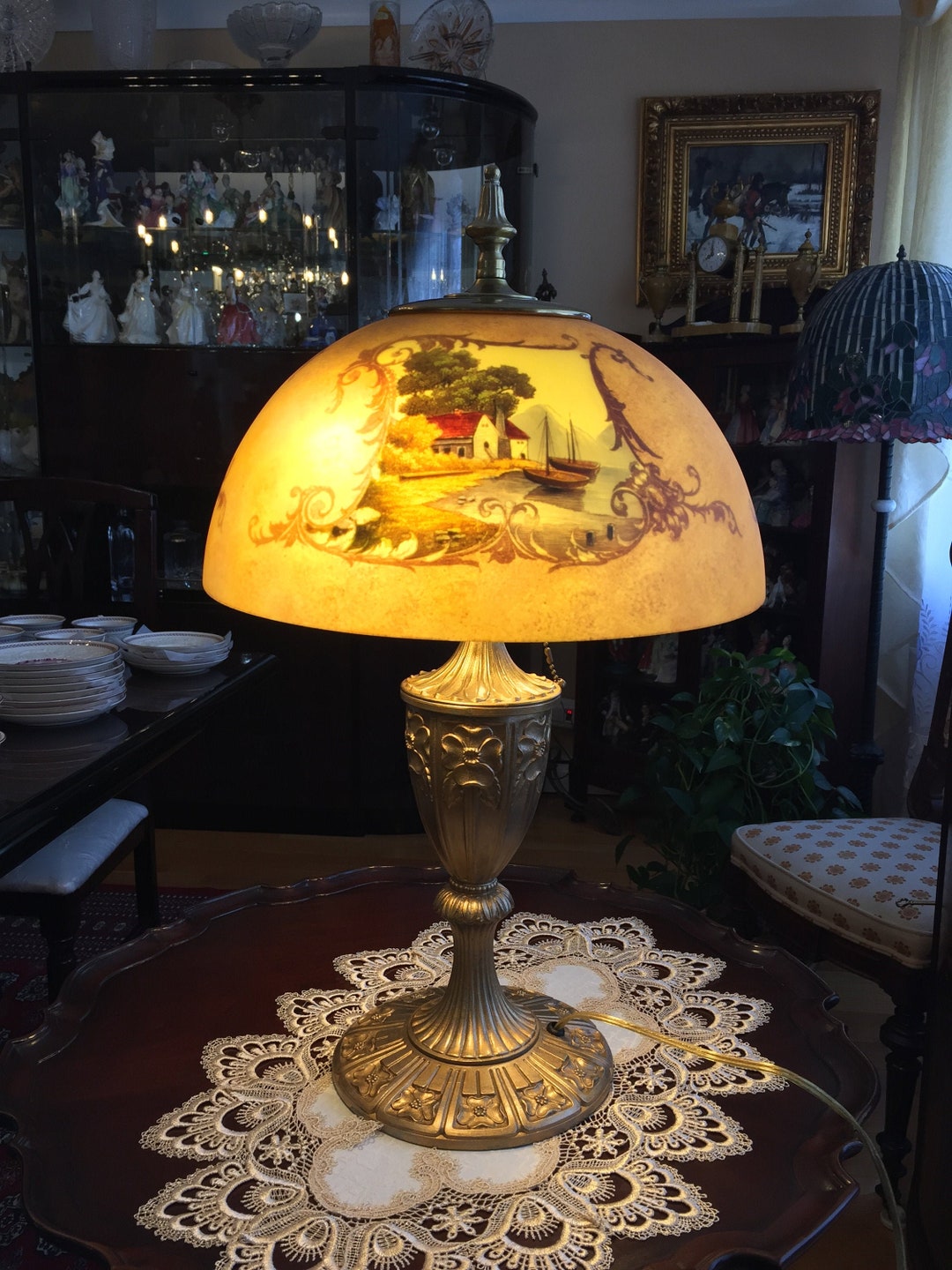 Antique E. Miller Table Lamp With Phoenix Reverse Painted Glass Shade