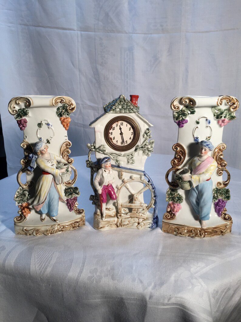 Vintage German Porcelain Mantle Clock with Two Matching Vases Etsy