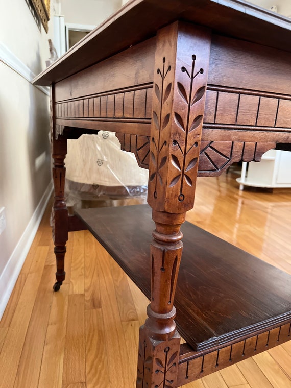 Antique Eastlake Carved Walnut Writing Desk Library Wood Table