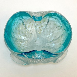 Vintage Mid Century Modern Murano Glass Bowl: Light Blue Bullicante with Gold & Silver Flecks