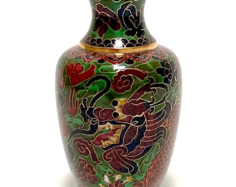 vintage cloisonne enamel brass vase with dragon and flowers, China