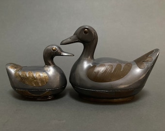 pair of vintage pewter and brass duck boxes, two sizes, Hong Kong