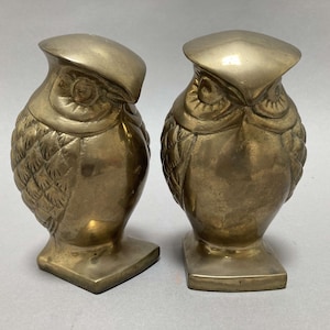pair of vintage sculptural brass bookends, mid century modern standing owls