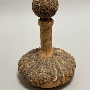 vintage mid century modern brutalist decanter bottle with stopper, cork and bark covered glass, Italy