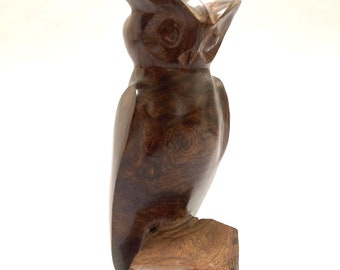 Hand carved dark wood owl perched MCM