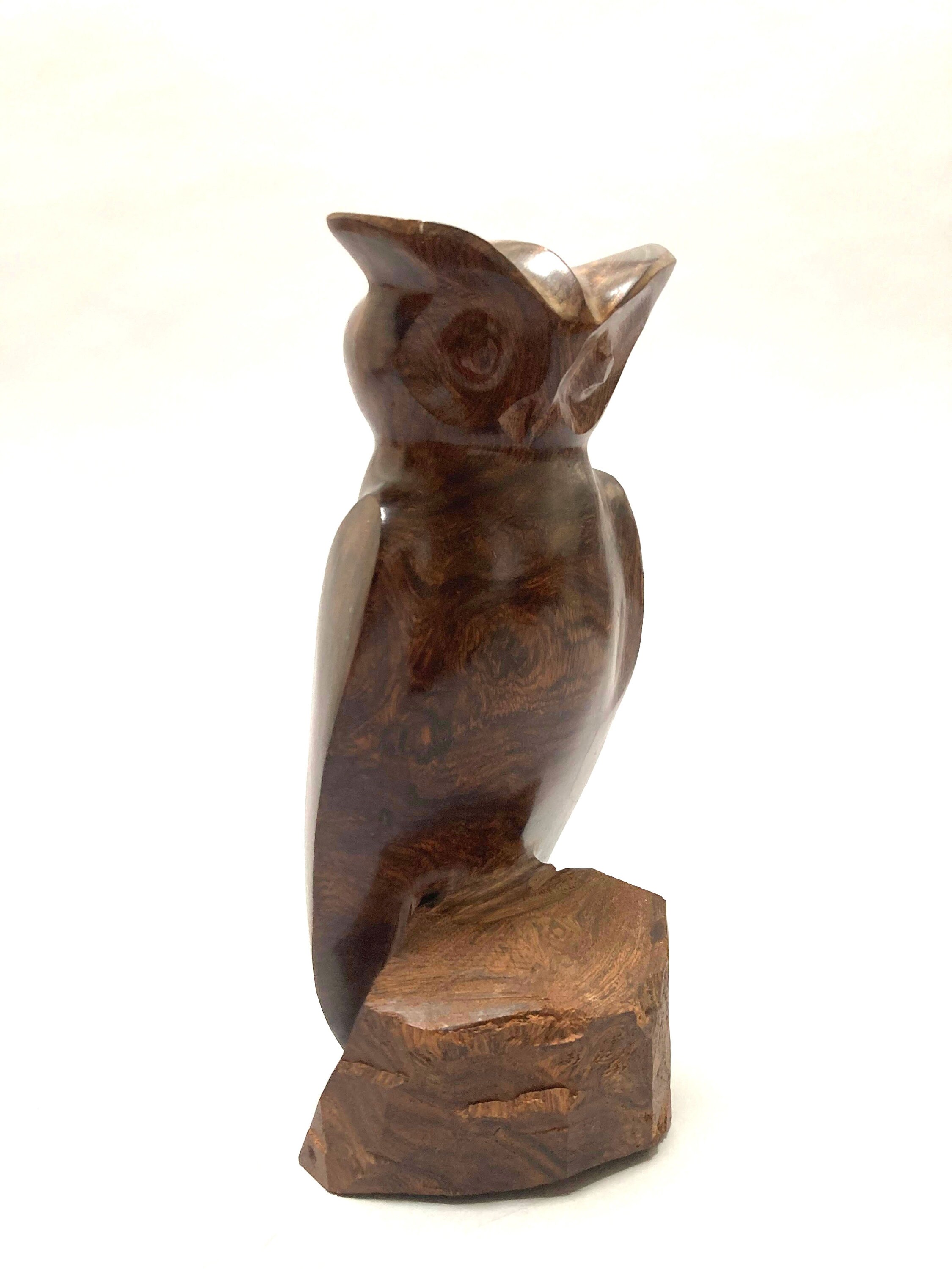 Hand carved dark ironwood owl perched MCM