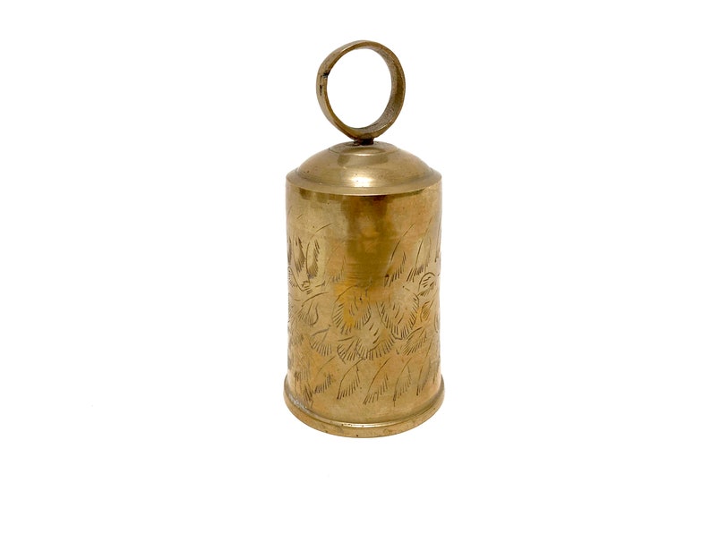 vintage solid brass Sarna bell with etched design, India image 8