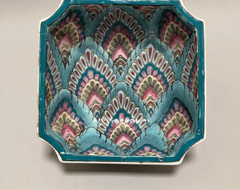 antique square serving bowl, Asian, incised with multicolor glaze, feather or fan design