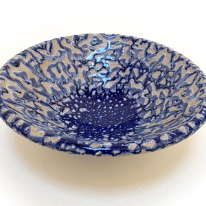 handmade brutalist studio art pottery cobalt drip glaze stoneware bowl, stamped AG