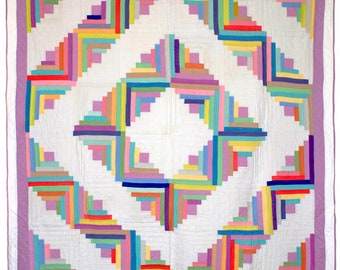 modern antique vintage 1930s rainbow pastel white Barn Raising Log Cabin quilt, Ohio, with hanging sleeves, published!
