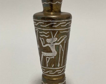 vintage Egyptian revival Mamluk Cairo Ware brass silver and copper inlay vase, 6 inches tall