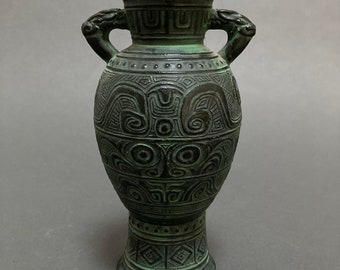 Chinese Taotie Metal Vase: Archaic Green Patina Design