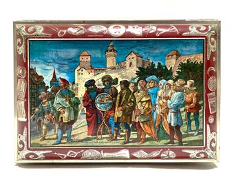 vintage festive chest lebkuchen tin, E Otto Schmidt, Nuremberg, Martin Beheim design