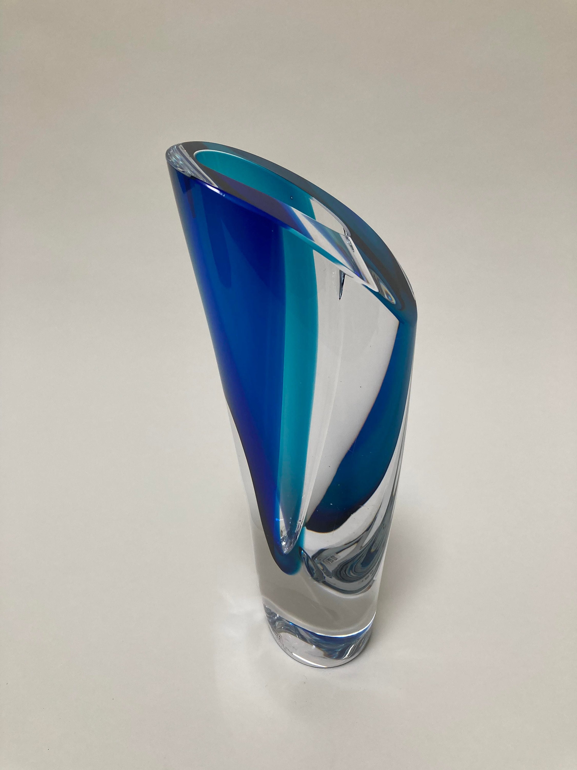 Vintage 1998 Kosta Boda blue and clear crystal glass vase
