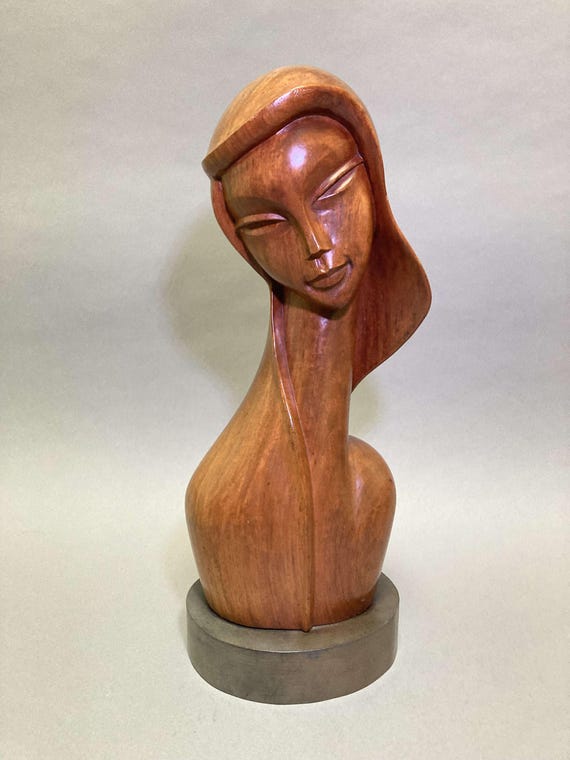 50s ビンテージ 木彫り 彫刻 女性像 胸像 バスト ハンドメイド 当時物 Vintage 1960s MCM Wood Female Bust Sculpture by Jose P. Alcantara