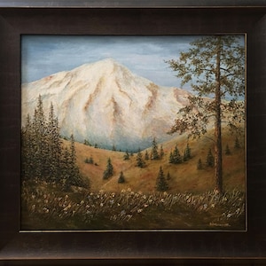 vintage oil painting on board, framed snowy mountain and valley scene signed H. Wonacott