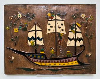 vintage copper repoussé cloisonné enamel folk art wall hanging, a sailing ship with flowers, figures and birds