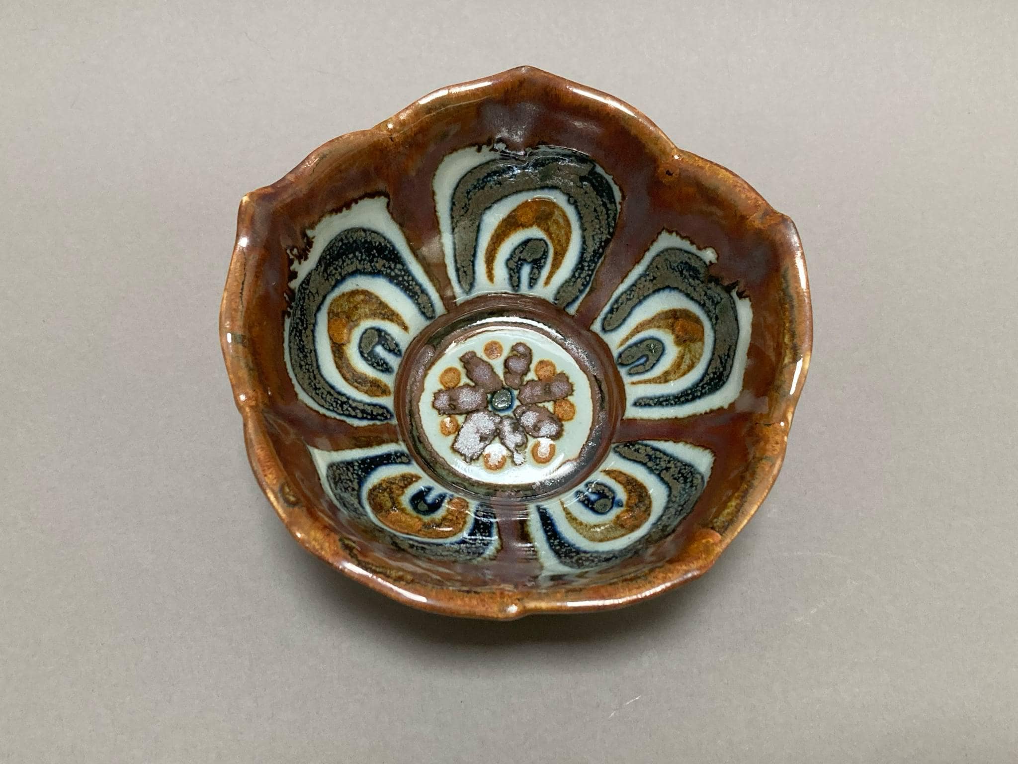 vintage hand glazed ceramic bowl, lotus design, signed Ken Edwards, El Palomar, Mexico