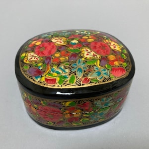 vintage lacquered trinket box, floral design with gold hand painted details, India