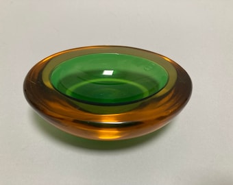 vintage 1960s Barbini Sommerso green and amber art glass oval dish, for caviar, candy or change, Murano, Italy