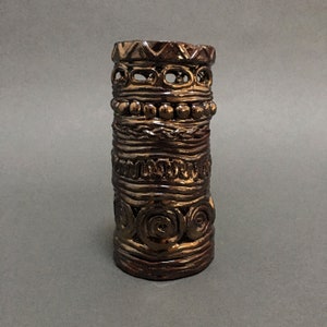 vintage metallic glazed hand built pottery vessel / container / vase, coil designs