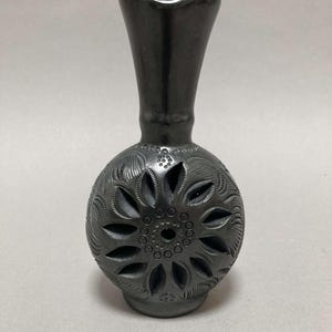 vintage Barro Negro black pottery vase, open work, etched floral botanical design, Oaxaca, Mexico
