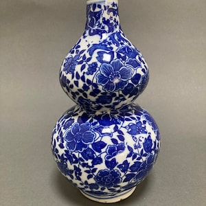 antique Asian cobalt blue and white double gourd vase, floral motif transfer ware, marked