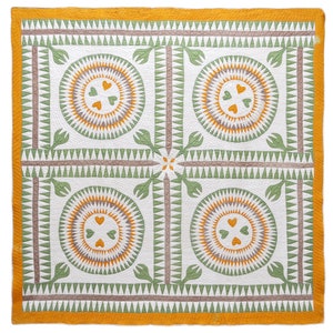 PUBLISHED! masterpiece antique 19th century four block pieced quilt, wheel sunburst design appliqued hearts, cheddar orange, green, white