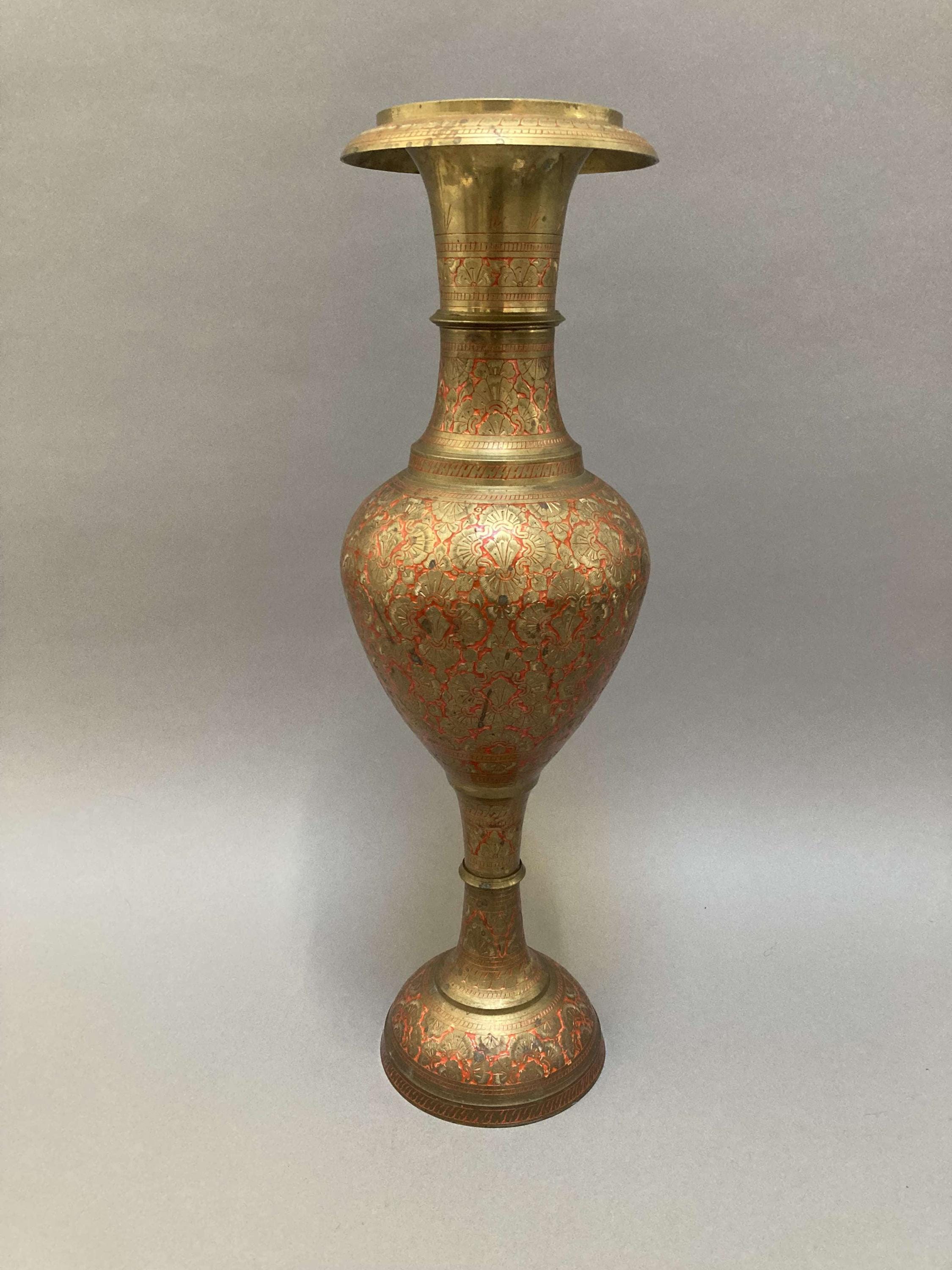 antique vintage 24-inch tall etched brass vase with polychrome details, India
