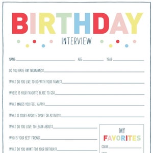 Entrevista de cumpleaños para niños para imprimir Entrevista anual para niños para imprimir Recuerdo de cumpleaños para niños Descarga instantánea