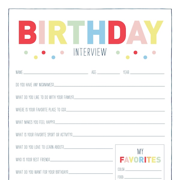 Kids Birthday Interview Printable Printable | Kids Yearly Annual Interview | Kids Birthday Keepsake | Instant Download