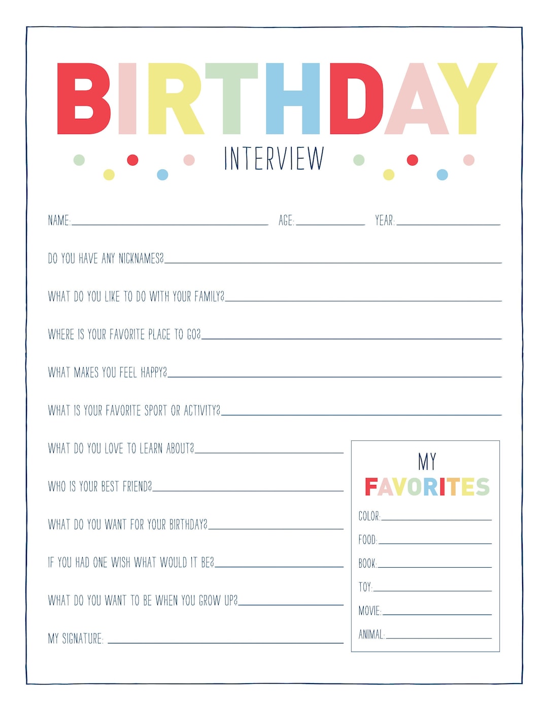 Kindergeburtstag Interview Printable Printable Kinder Jahresinterview ...