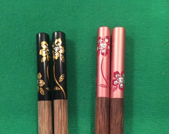 Chinese Rhinestone Flower Chopsticks or Hairsticks On Wood w/ Free Handmade Silk Holder