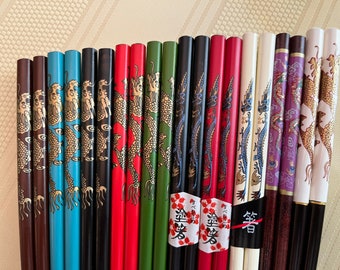 Awesome Wood Japanese Dragon Chopsticks OR  Hairsticks with Free Handmade Colorful Silk Holder--11 Variations to Choose From