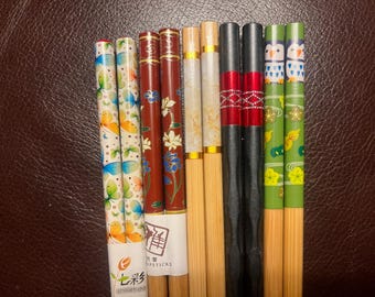 5 Pairs Japanese Chinese Wood Alloy Chopsticks with Silk Holders