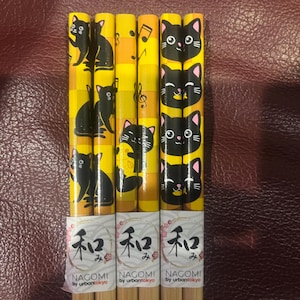 Genki Cats Japanese Chopsticks 3 Design Variations  w/ Music Symbols w/Free Handmade Silk Holder