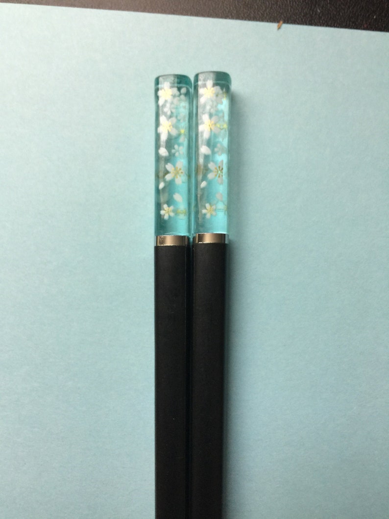 Japanese Sakura Baby Blue Transparent Cherry Blossom Sushi Chopsticks  w\/ Free Handmade Silk Holder