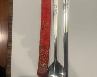 Korean Stainless Steel With Rose Chopsticks W/ Spoon W Free  Handmade Silk  Holder