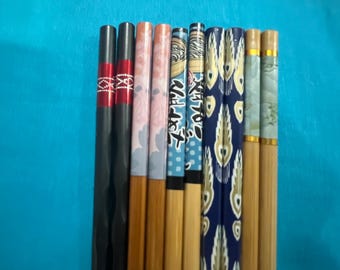 5 Pairs Japanese Chinese Wood Alloy Chopsticks with Handmade Silk Holders#15