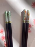 Chinese Flower Chopsticks On A Dark Brown Wood W/Free Handmade Silk Holder