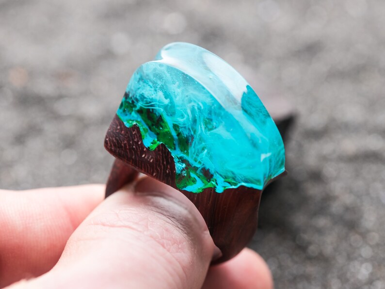 Avatar wooden resin ring Eco epoxy jewelry Green Wood the secret of the magical world in a tiny landscape in every decoration