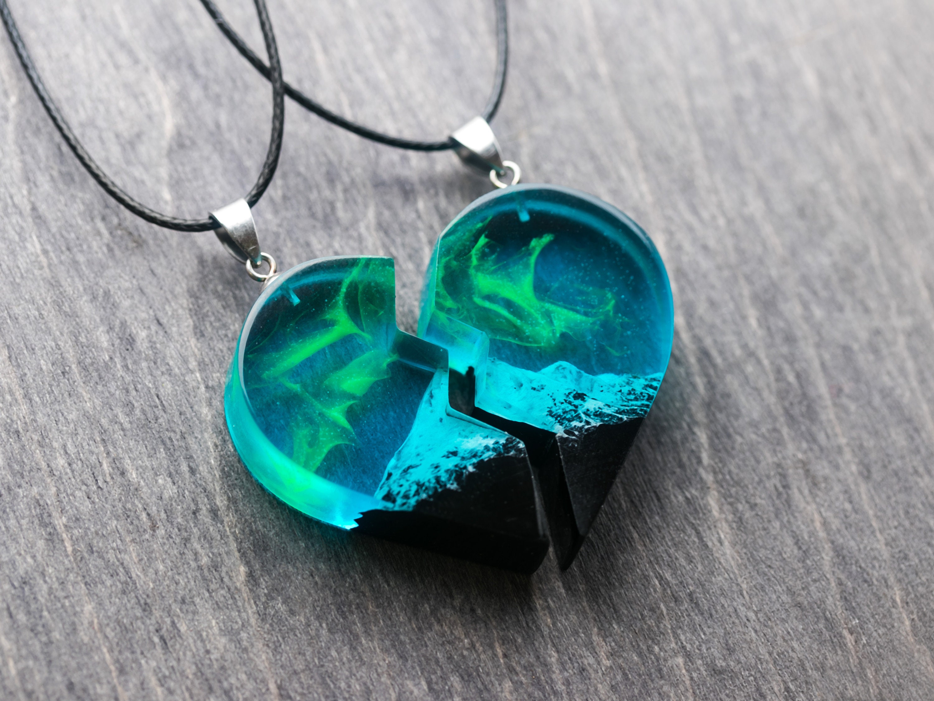 Wood resin pendant Half Heart Necklaces Eco epoxy jewelry Etsy