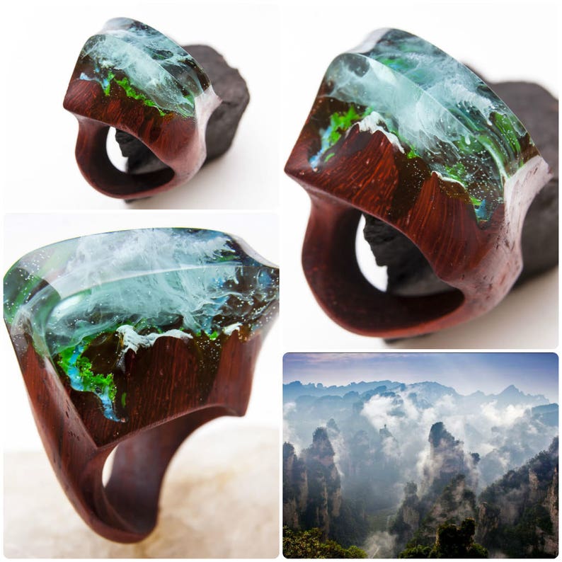 Avatar wooden resin ring Eco epoxy jewelry Green Wood the secret of the magical world in a tiny landscape in every decoration
