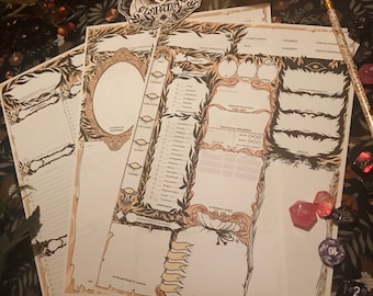 May include: A set of three printable character sheets for role-playing games. The sheets are decorated with a whimsical, nature-inspired design featuring vines, leaves, and a whimsical creature. The sheets are printed on white paper with brown ink.