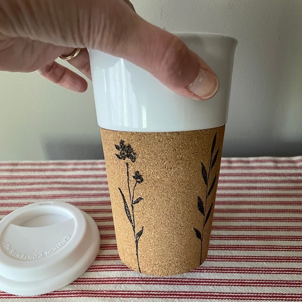 Eco unique cork and ceramic tumbler / mug hybrid.  Hand stamped with wild flower images.  Reusable travel cup for every day use.