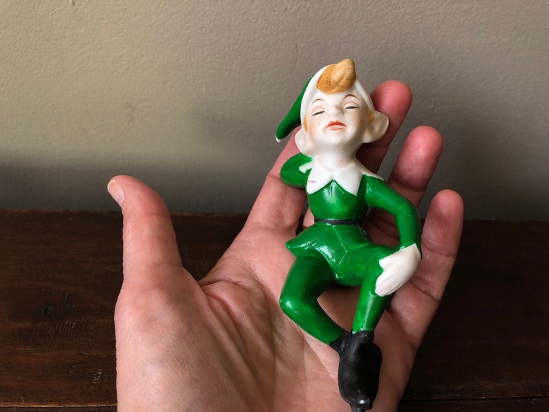 Vintage ceramic elf statue. Rare elf in green suit. Brinns Etsy