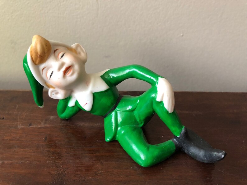 Vintage ceramic elf statue. Rare elf in green suit. Brinns Etsy